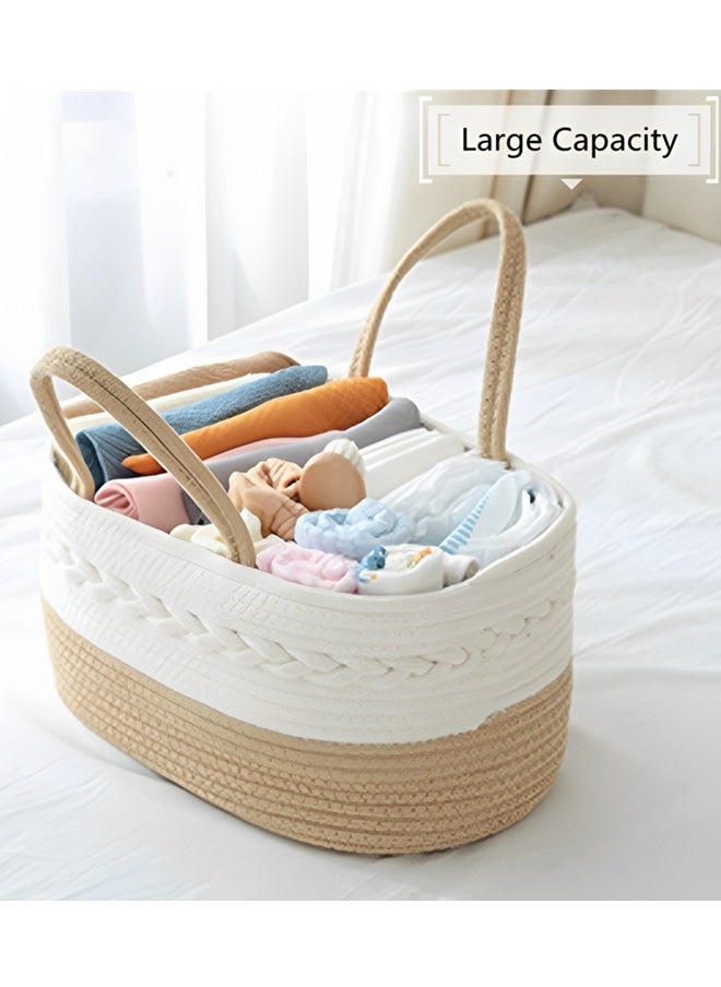 Baby Diaper Caddy Organizer Cotton Rope Diaper Storage Basket with Adjustable Divider Portable Car Travel Diapers Organizer for Newborn Boys Girls Large Capacity Baby Baskets for Storage