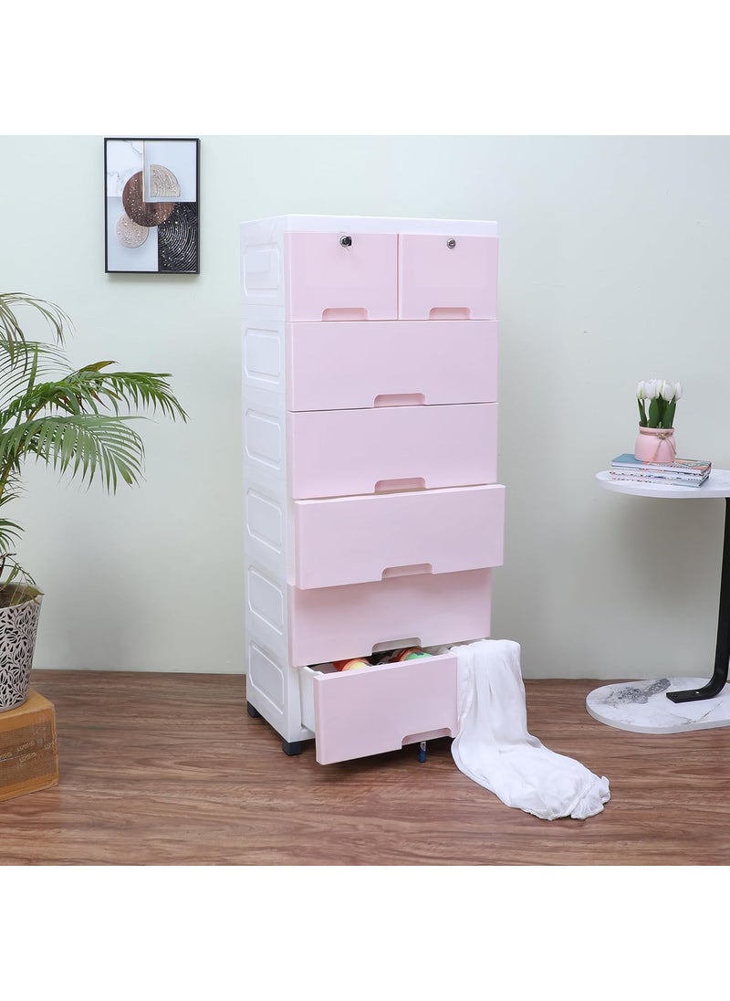The Tickle Toe Plastic Chest of Drawer for Kids with 7 DrawersMultipurpose Organizer for Girls in Pink ThemeDresser Storage for Small Clothing Toys with 2 LocksL51xW33xH121CmPink Glossy