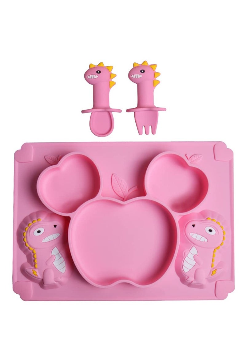 Toddler Baby Plates Silicone Divided Cartoon, Silicone Toddlers Divided Placemat for Kids, Non-Slip Baby Feeding Weaning Plate, Dishwasher  Microwave Safe(Dinosaur Pink)