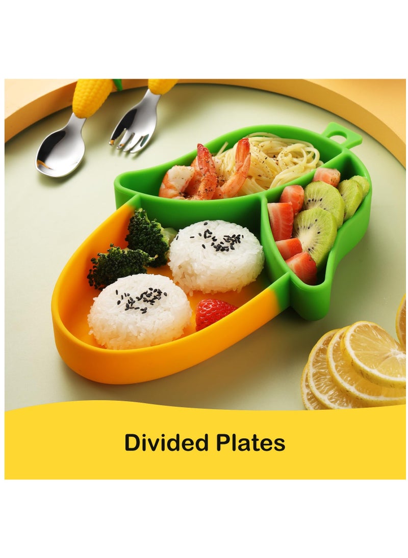 BPA Free Corn Toddler Suction Plate with Divided Sections and Toddler Fork and Spoon, Microwave and Dishwasher Safe