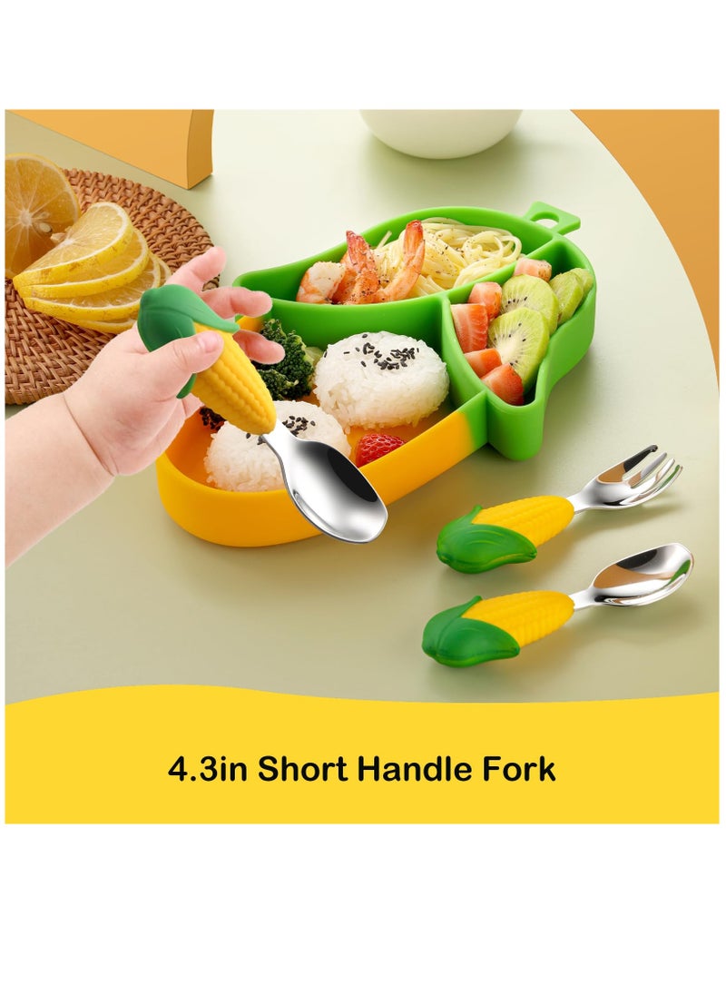 BPA Free Corn Toddler Suction Plate with Divided Sections and Toddler Fork and Spoon, Microwave and Dishwasher Safe