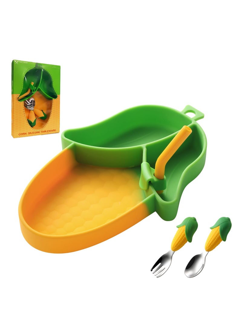 BPA Free Corn Toddler Suction Plate with Divided Sections and Toddler Fork and Spoon, Microwave and Dishwasher Safe