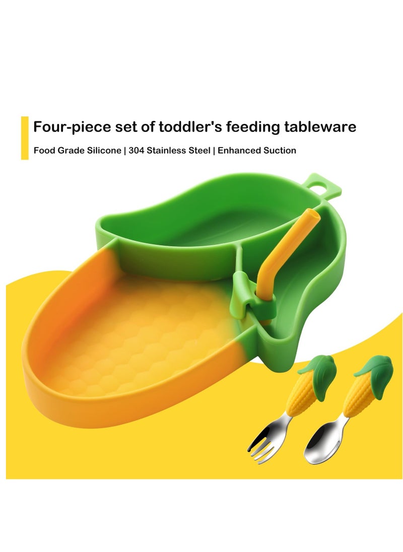 BPA Free Corn Toddler Suction Plate with Divided Sections and Toddler Fork and Spoon, Microwave and Dishwasher Safe