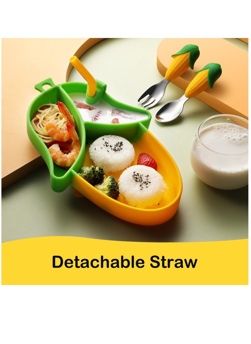 BPA Free Corn Toddler Suction Plate with Divided Sections and Toddler Fork and Spoon, Microwave and Dishwasher Safe