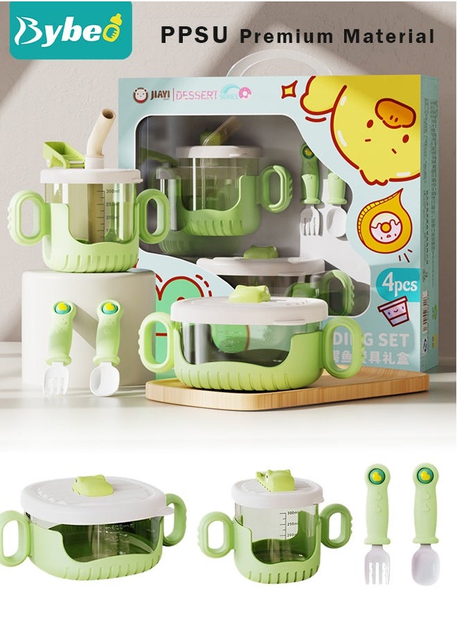 4-Pieces Baby Feeding Set - Sippy Cup With Straw And Lid, Feeding Bowl, Spoon And Fork