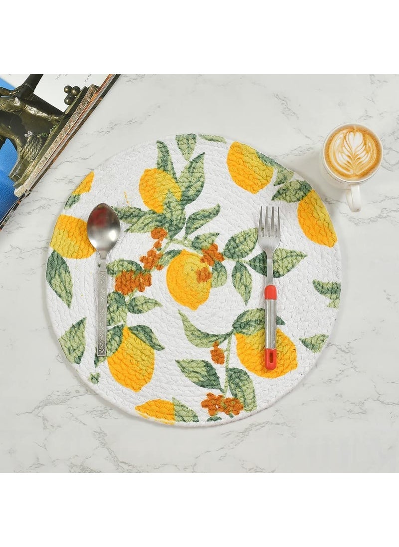 Printed Floral Leaf Cotton placemat Round Yellow Green 14 inches 2 Piece