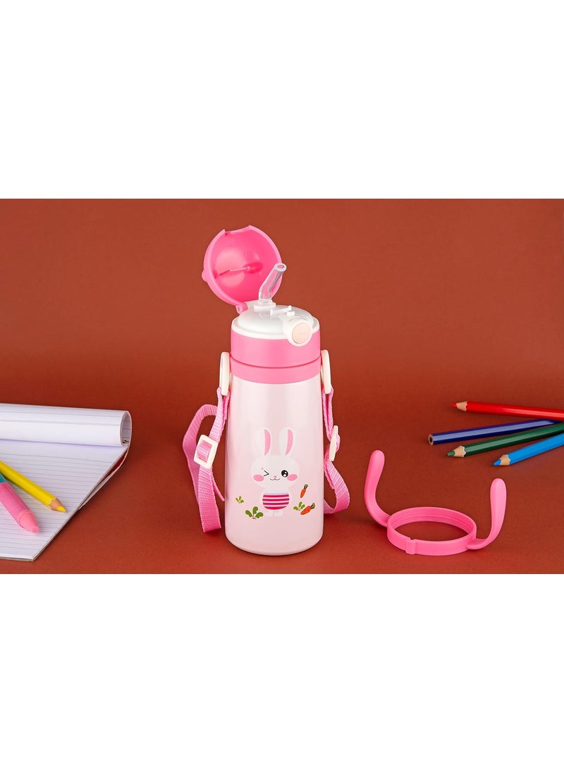TeDeMel Kids Sipper Stainless Steel Vacuum Insulated Thermo Flask Hot Cold Bpa Free Soft Silicon Straw Pipe Sipper Cup with Handle Leak Proof BPA Free Food Grade GOOFY380 ML Pink