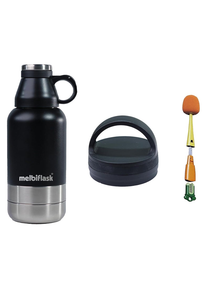Melbify 3in1 Flask with Storage Bowls Carrier Lid BrushVacuum MelbiFlaskWater BottleThermosteel Insulated Flask1 Litre HotCold WaterCoffeeTeaBest Flask for BabiesOfficeTravelBlack