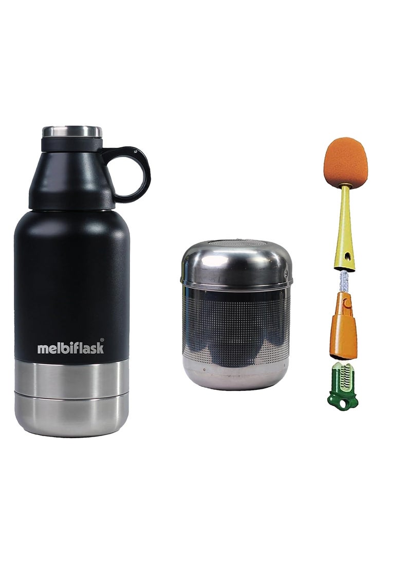 Melbify 3in1 Flask with Storage Bowls Infuser BrushVacuum MelbiFlaskWater BottleThermosteel Insulated Flask1 Litre HotCold WaterCoffeeTeaBest Flask for BabiesOfficeTravelBlack