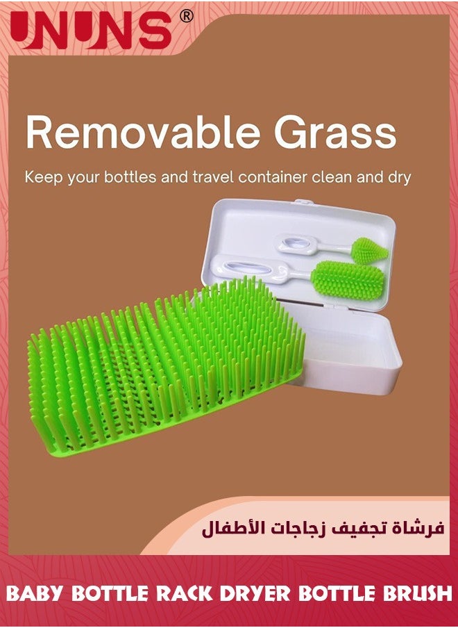 Travel Baby Bottle Brush Set With Drying Rack,Silicon Bottle Dryer Rack,Portable Lawn Baby Bottle Organizer,Detachable Space Saving Drying Kit With Storage Box,Removable Grass,Two Baby Bottle Brush