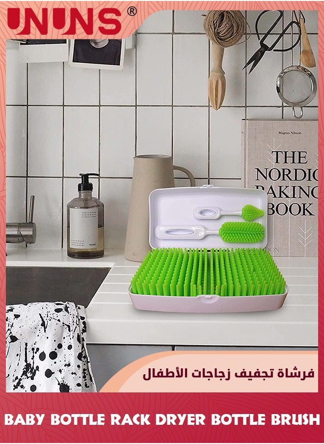 Travel Baby Bottle Brush Set With Drying Rack,Silicon Bottle Dryer Rack,Portable Lawn Baby Bottle Organizer,Detachable Space Saving Drying Kit With Storage Box,Removable Grass,Two Baby Bottle Brush