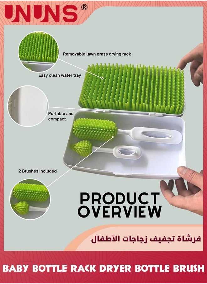Travel Baby Bottle Brush Set With Drying Rack,Silicon Bottle Dryer Rack,Portable Lawn Baby Bottle Organizer,Detachable Space Saving Drying Kit With Storage Box,Removable Grass,Two Baby Bottle Brush