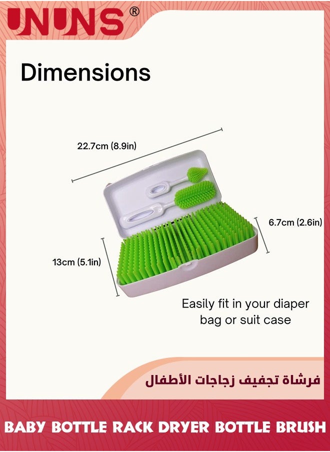 Travel Baby Bottle Brush Set With Drying Rack,Silicon Bottle Dryer Rack,Portable Lawn Baby Bottle Organizer,Detachable Space Saving Drying Kit With Storage Box,Removable Grass,Two Baby Bottle Brush