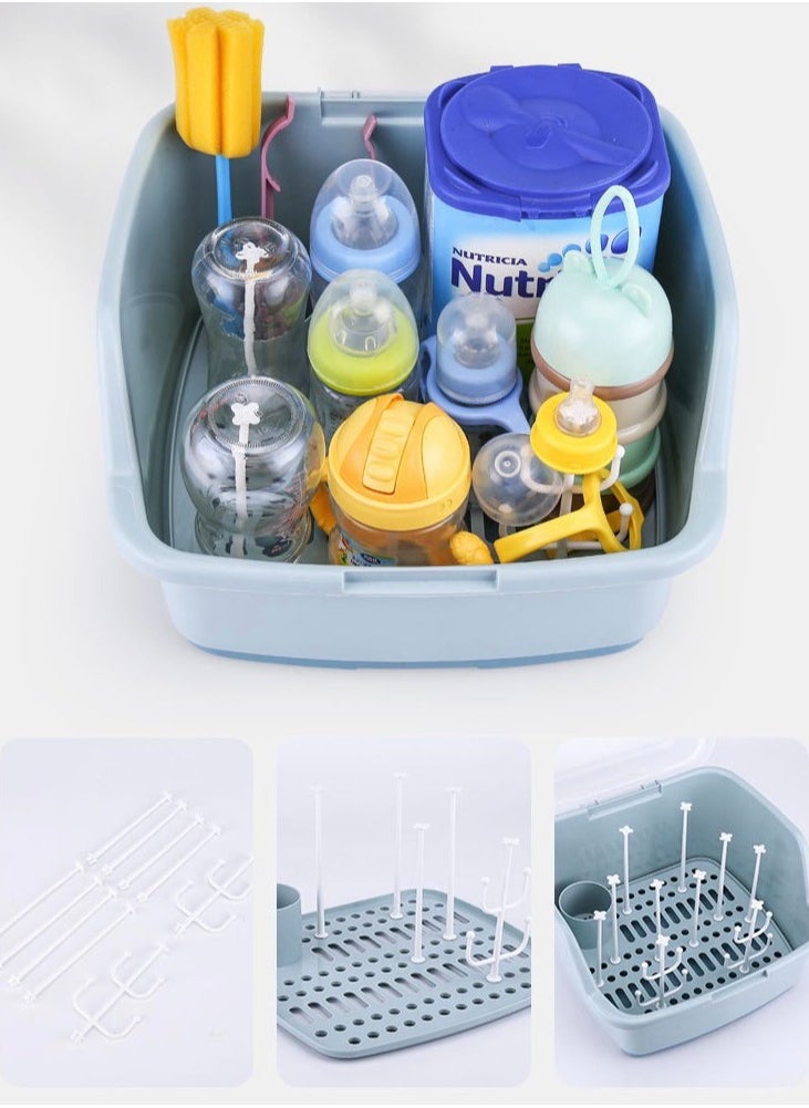 Baby Bottle Drying Rack with Cover Portable Nursing Bottle Storage Box Baby Bottle Holder Dinnerware Organizer for Home Kitchen Blue