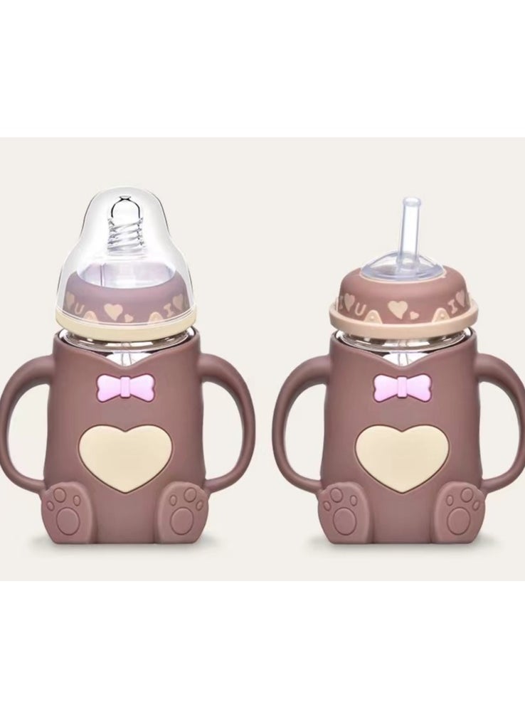Baby Learner Sippy Cup with Straw Trainer Water Bottle with Handles Cartoon Bear Shaped for Boys Girls