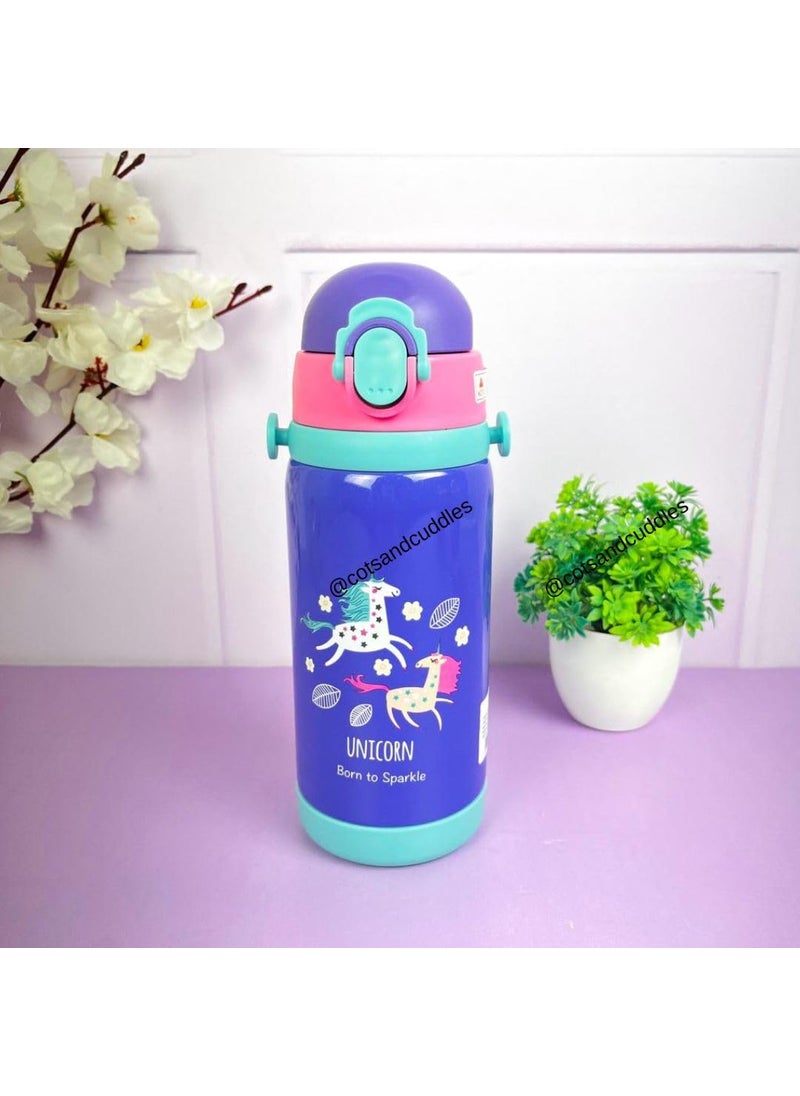 Cots and Cuddles Unicorn Kids Thermos Bottle 450ML Vacuum Insulated Stainless Steel Flask Hot Cold Water Bottle with Dual Cap Straw Wide Mouth Leakproof Durable Purple