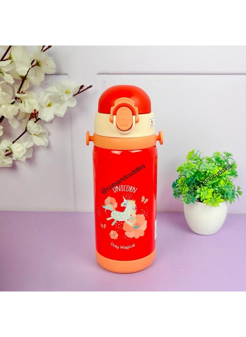 Cots and Cuddles Unicorn Kids Thermos Bottle 450ML Vacuum Insulated Stainless Steel Flask Hot Cold Water Bottle with Dual Cap Straw Wide Mouth Leakproof Durable Red