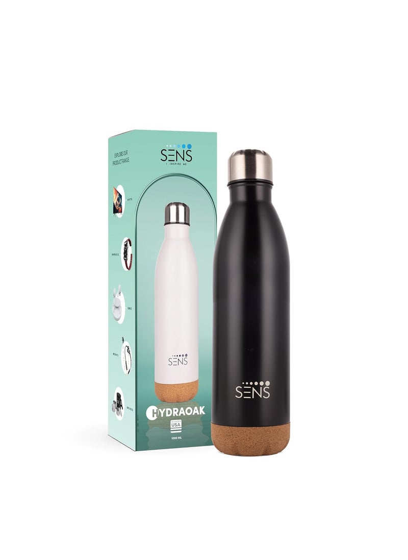 SENS LIFEHydraOak Stainless Steel Bottle Hot or Cold up to 24 Hours Leak Proof Wooden Bottom BPA Free TravelFriendly Home Adults 1000ml Ebony OOK