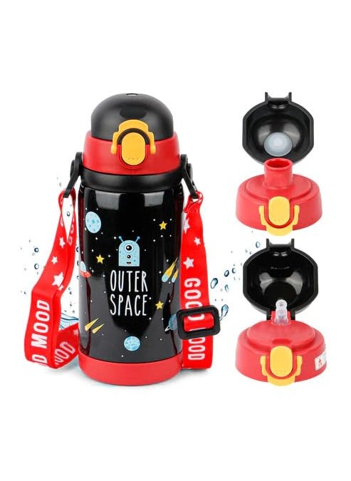 Cots and Cuddles Outer Spcae Design 450ml Stainless Steel Vacuum Insulated 2 Way Drinking Dual Lid Cap Thermos Sipper Water Bottle for Kids Black
