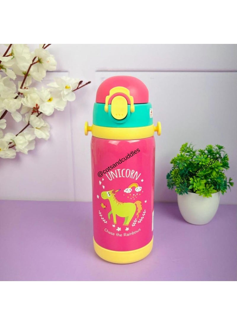 Cots and Cuddles Unicorn Kids Thermos Bottle 450ML Vacuum Insulated Stainless Steel Flask Hot Cold Water Bottle with Dual Cap Straw Wide Mouth Leakproof Durable Pink