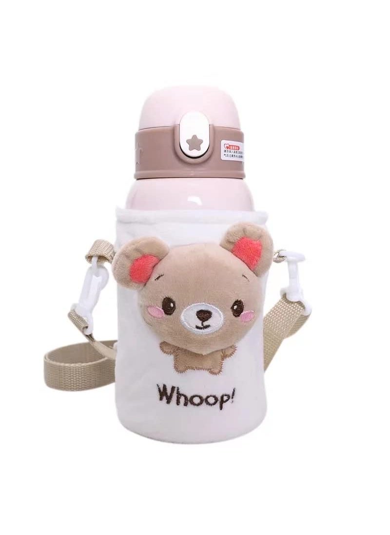 KAPO Cute Bear Cartoon Plush Cloth Cover Water Bottle for Kids 316 Stainless Steel 500ml Double Wall Insulated School Travel ChildrenBrown