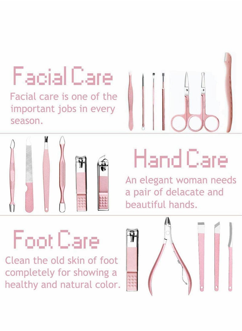 18 in 1 Professional Nail Clipper Set for Women, Portable Stainless Steel Manicure Pedicure Tools, Travel Scissors Tweezers Ear Pick Kit in Rose Gold