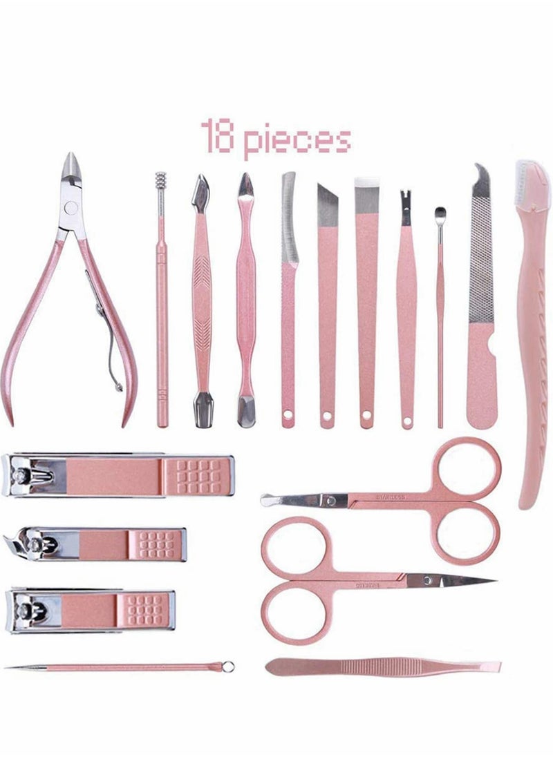 18 in 1 Professional Nail Clipper Set for Women, Portable Stainless Steel Manicure Pedicure Tools, Travel Scissors Tweezers Ear Pick Kit in Rose Gold