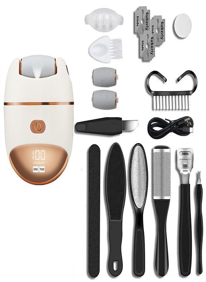 New smart rechargeable, painless for removing dead skin and calluses, electric pedicure foot grinder set 16 pieces (white)