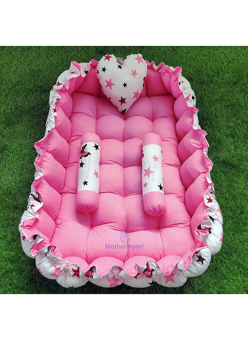 MOTHERHOOD Rectangle Baby Tub Bed and 3 pc Pillow Luxury Mattress Bed Sleeper Bedding Set Safe Cotton Fabric RFilled UltraSoft Comfortable for Newborn to Toddlers ZPink S D