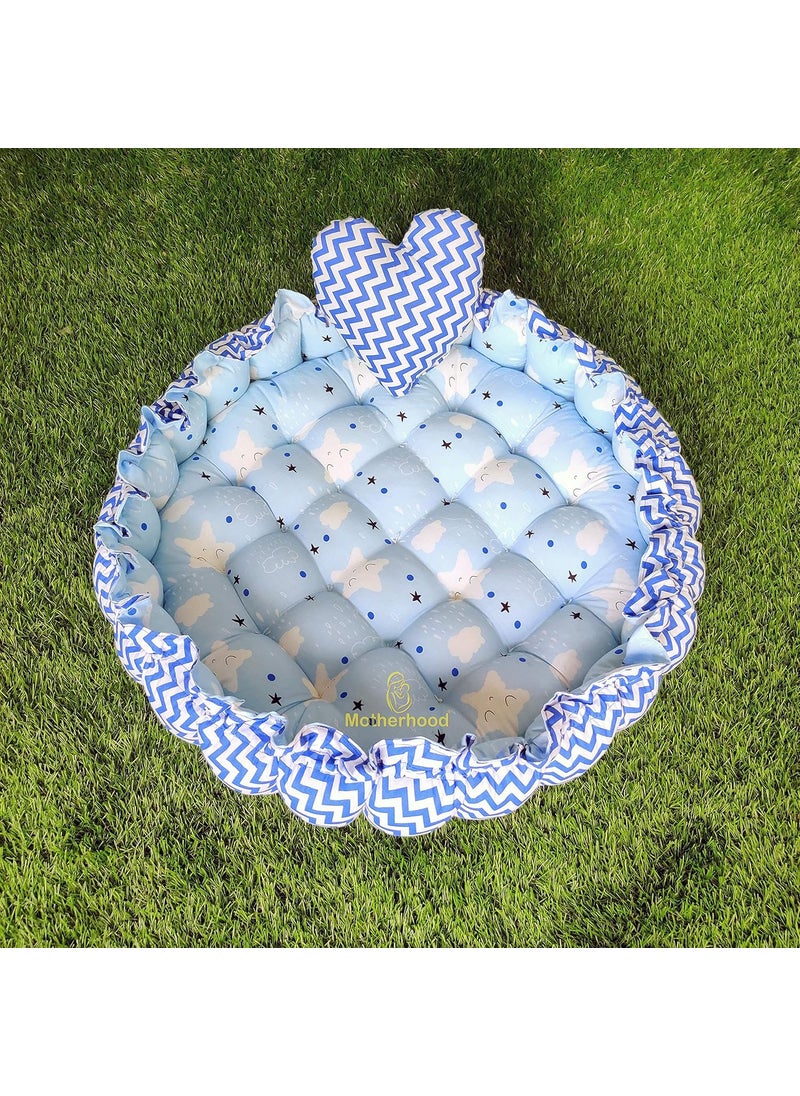 MOTHERHOOD Round Baby Tub Bed 1 Pc HeartShaped Pillow Luxury Mattress Sleeper Bedding Set coSleeper Safe Cotton Fabric with RFilled UltraSoft Comfortable for Newborn to ToddlersSky