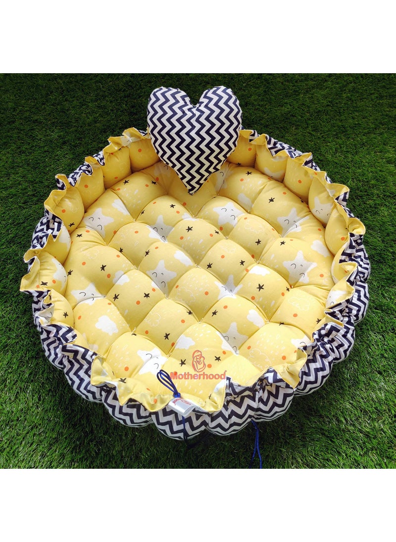 MOTHERHOOD Round Baby Tub Bed and 1 pc HeartShaped Pillow Luxury Mattress Sleeper Bedding Set Safe Cotton Fabric with RFilled UltraSoft Comfortable for Newborn Yellow