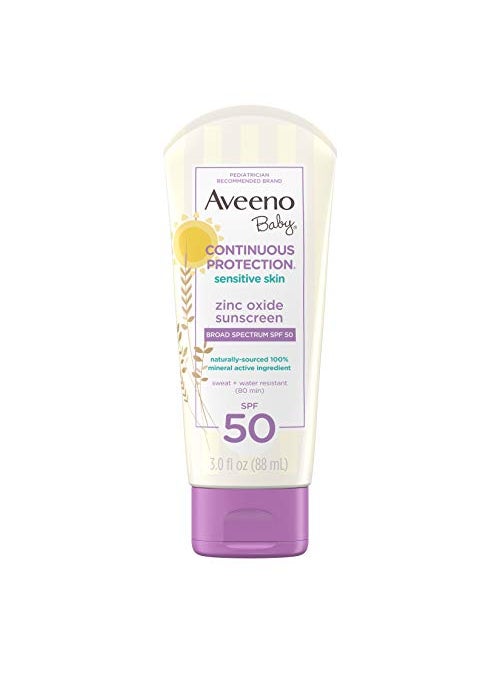Aveeno Baby Continuous Protection Zinc Oxide Mineral Sunscreen Lotion for Sensitive Skin with Broad Spectrum SPF 50, Tear-Free, Sweat- & Water-Resistant, Travel-Size, 3 fl. Oz