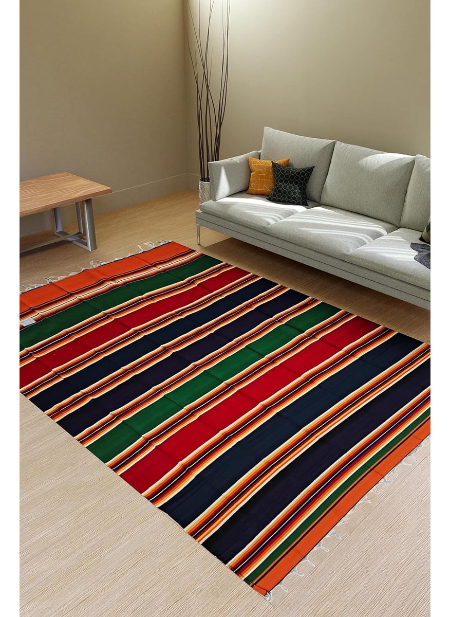 Arvore Bunkaar 100 Handloom Cotton Striped JamakkalamCarpetSatranjiRug Multicolour 90 inch x 60 inch Cotton