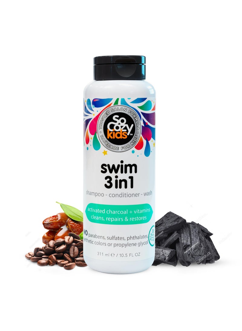 SoCozy Kids Swim 3-in-1 Shampoo, Conditioner & Body Wash - 3-in-1 Combo Pool Shampoo & Conditioner for Swimmers - Salt & Chlorine Removing Activated Charcoal