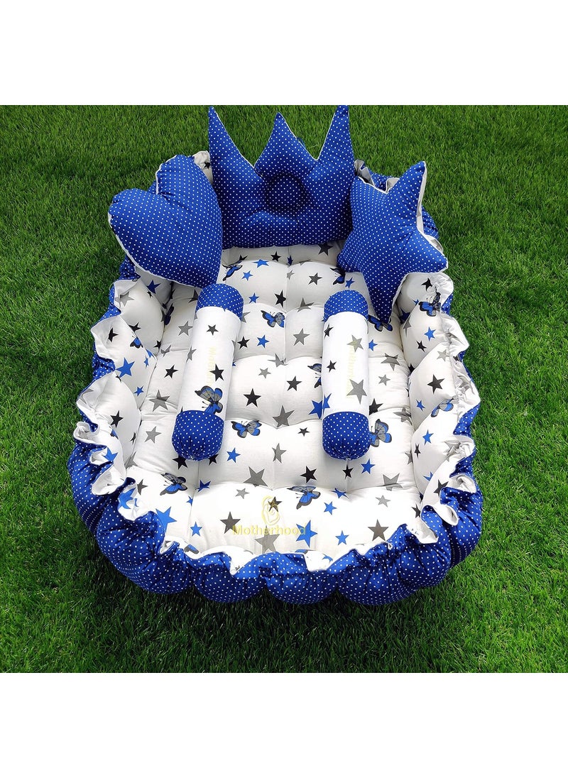 MOTHERHOOD Rectangle Baby Tub Bed and 5 pc Pillow Luxury Mattress Bed Sleeper Bedding Set coSleeper Safe Cotton Fabric with RFilled UltraSoft Comfortable for Newborn to Toddlers Blue