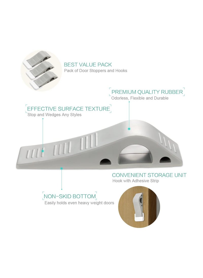 Non-Slip Rubber Door Stop Wedges - 3 Pack with Holders for All Floor Types: Tile, Carpet, Wood, and Laminate