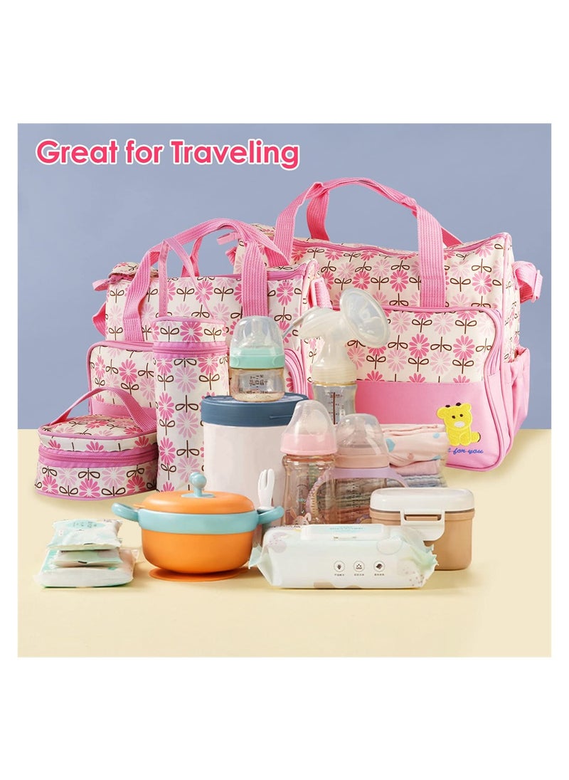 5in1 Multifunction Baby Diaper Bag Maternity Handbag Portable Nappy Organizer Changing Set for Boys and Girls Pink