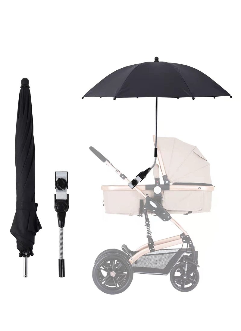 Universal 75 cm Baby Stroller Parasol with Clip - 360° Adjustable UV Protection Umbrella (50+) for Strollers, Wheelchairs, and Beach Chairs - Waterproof Sunshade in Black.