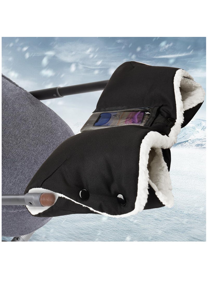 Universal Baby Stroller Gloves Thick Warm Mittens with Touch Screen Bag for Cold Weather Water Resistant Black