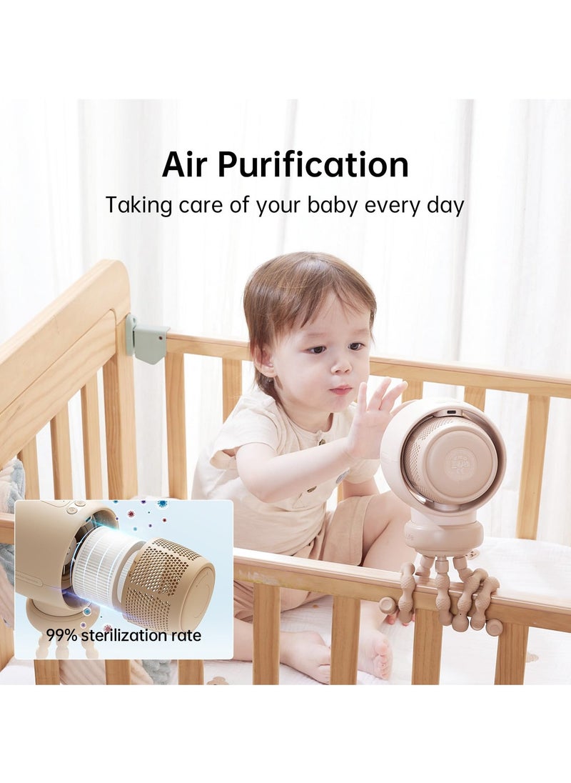 Portable Baby Stroller Fan, Small Battery Operated Car Seat Fan with 5 Speeds, Air Purify and Enhance Tech, Bladeless Fan, Food-Grade Gifts Fan for Outdoor, Treadmill, Golf, Brown