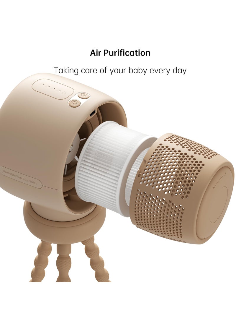 Portable Baby Stroller Fan, Small Battery Operated Car Seat Fan with 5 Speeds, Air Purify and Enhance Tech, Bladeless Fan, Food-Grade Gifts Fan for Outdoor, Treadmill, Golf, Brown