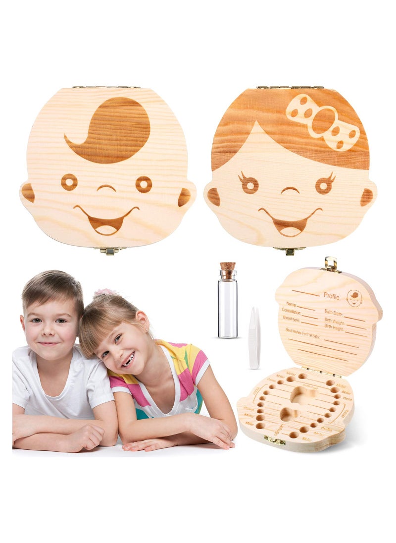 2 Wooden Baby Tooth Box, Cute Children Tooth Storage Container Kids Keepsake Organizer Gift Tooth Saver Box with Tweezers and Lanugo Bottle to Keep The Childhood Memory (Girl and Boy)