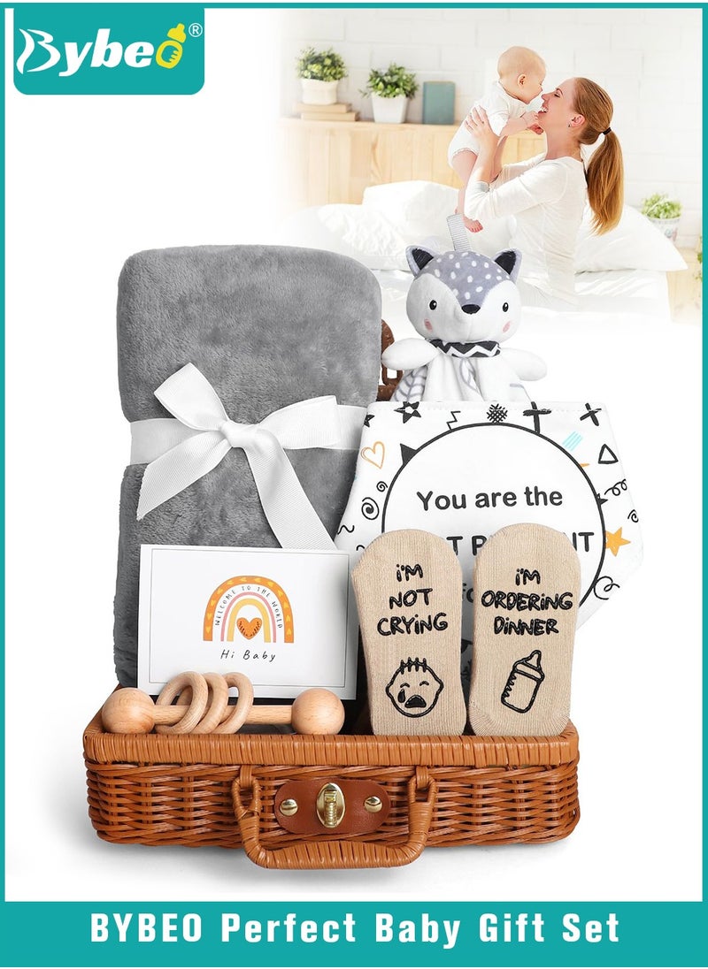 7 PCS Baby Gift Set, Newborn Baby Shower Gift for Boys Girls, Baby Gift Basket with Essential Stuff, Includes Blanket, Wooden Rattle Toy, Baby Bib and Socks, Greeting Card, Newborn Baby Gift Set