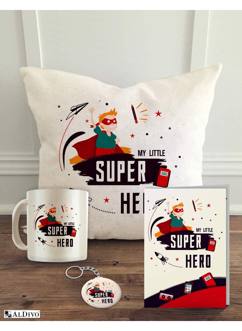 ALDIVO My Little Super Hero Printed Mug Satin Cushion Cover with Filler Greeting Card Printed Key Ring Combo Pack Multicolour 12 x 12 Cushion Cover