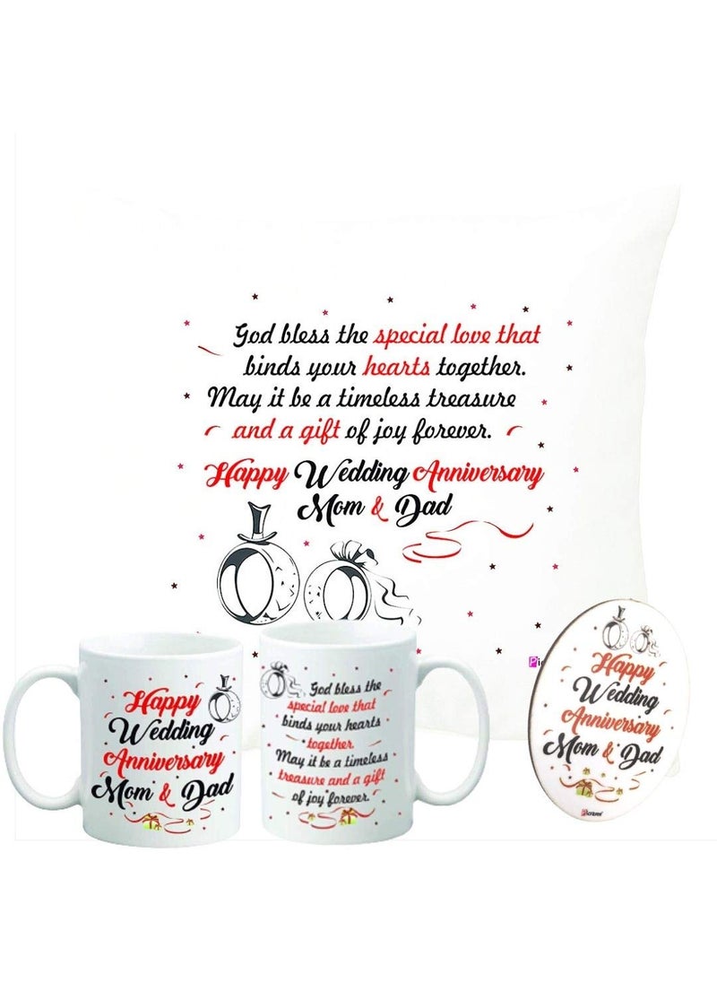 PICRAZEE Happy Wedding Combo for Parents Mother Father Mom Dad Printed 1 pc 12 x 12 Cushion with Filler2 pc White Coffee Mug 1 pc Fridge Magnet