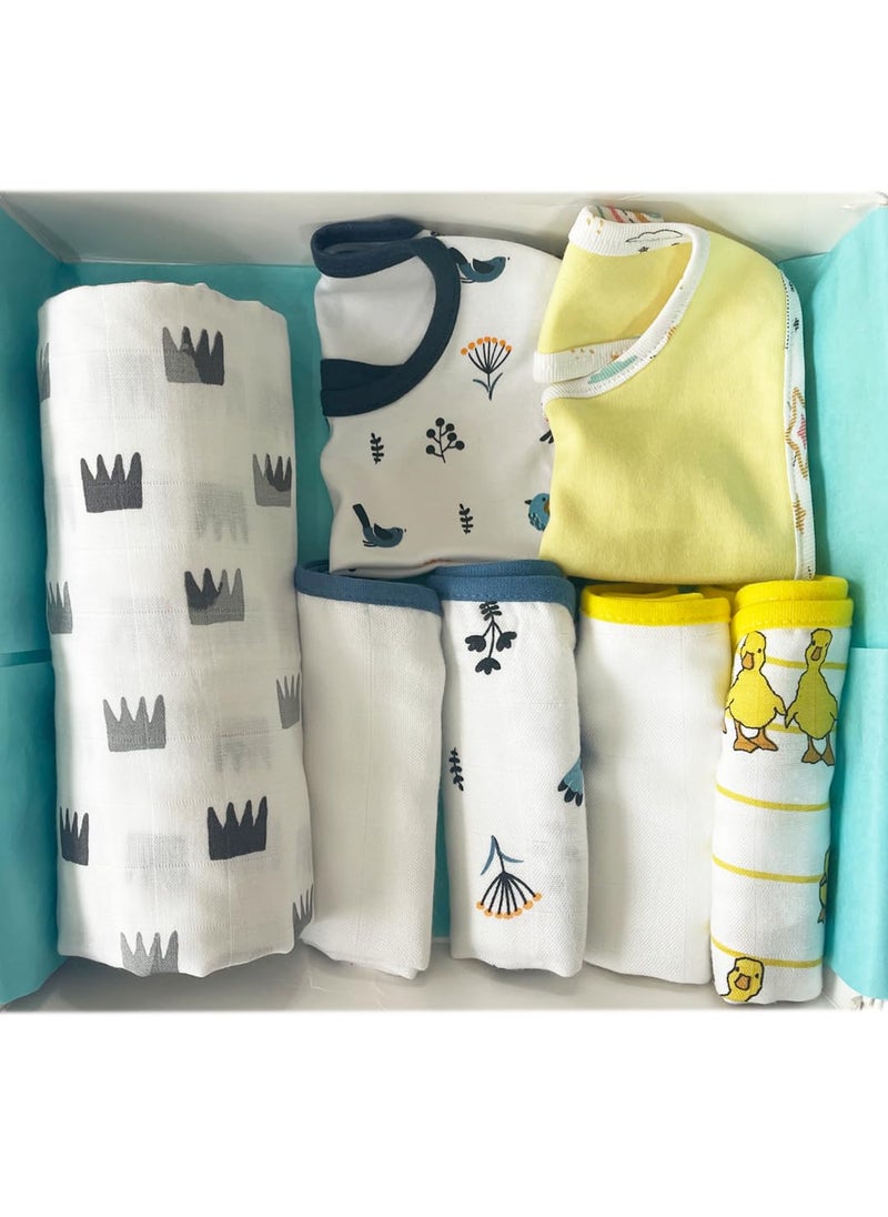 TinyLane Curated for you All in one Bamboo Cotton Newborn Baby Essential Products 06 Months Pack of 7 Multi Color Gift Ideas for Baby Shower for Mom Crown Pack of 7