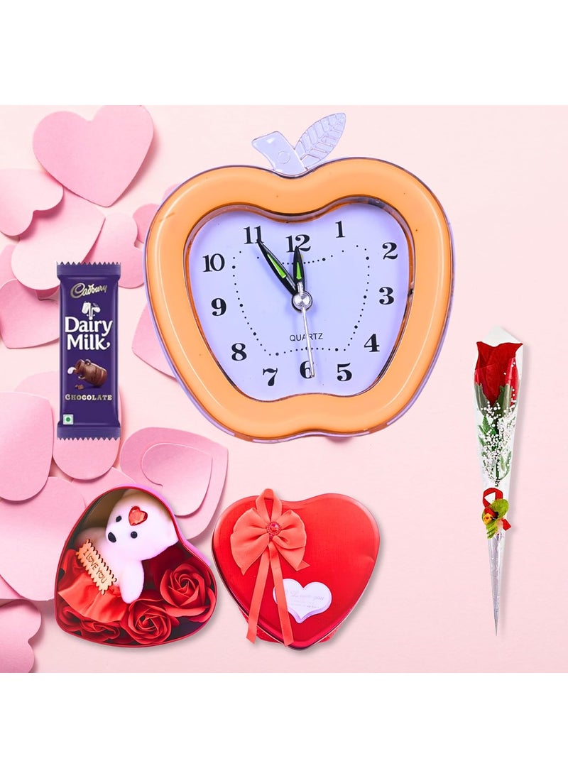 Valentines Day Gift Set with Apple Clock Heart Box Artificial Rose Teddy Bear and Chocolate Bar