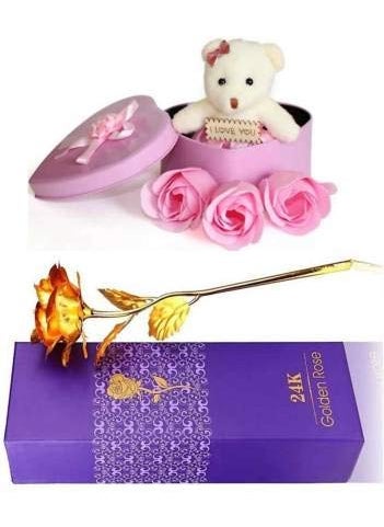 Nihan Enterprises Artificial Golden Rose and Pink Heart Box with Small Cute Teddy Soft Toy Gift Set