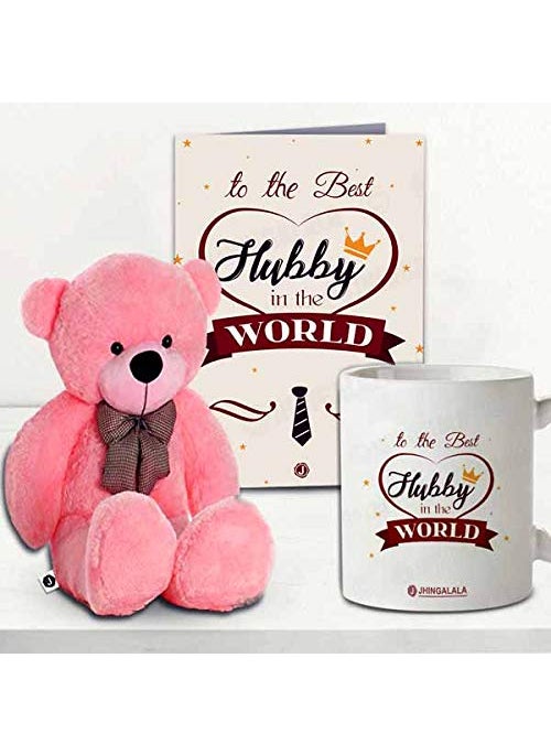 Jhingalala Teddy Bear with to The Best Hubby in The World Printed Mug and Greeting Card Combo Gift Pack Birthday Gift for Husband Valentine Gift for Husband Gift for Husband