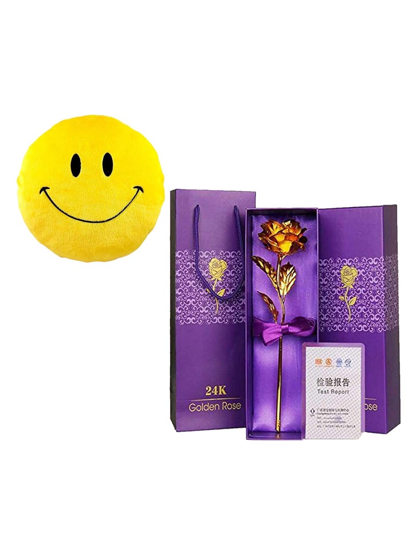 INTERNATIONAL GIFT Golden Rose Flower 25 cm with Beautiful Packing Box and Carry Bag with Emoji Smiley PillowCushions